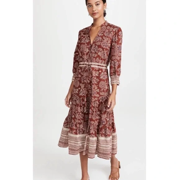 New Veronica Beard Swedie Red rust Floral Cotton Border Print Midi Dress paisley - Picture 2 of 15